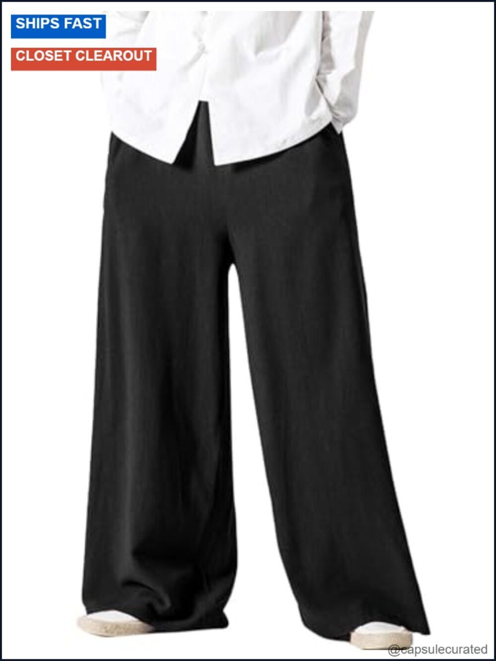 Men's Linen Blend Wide Leg Baggy Pants Elastic Waist Yoga Beach Trousers